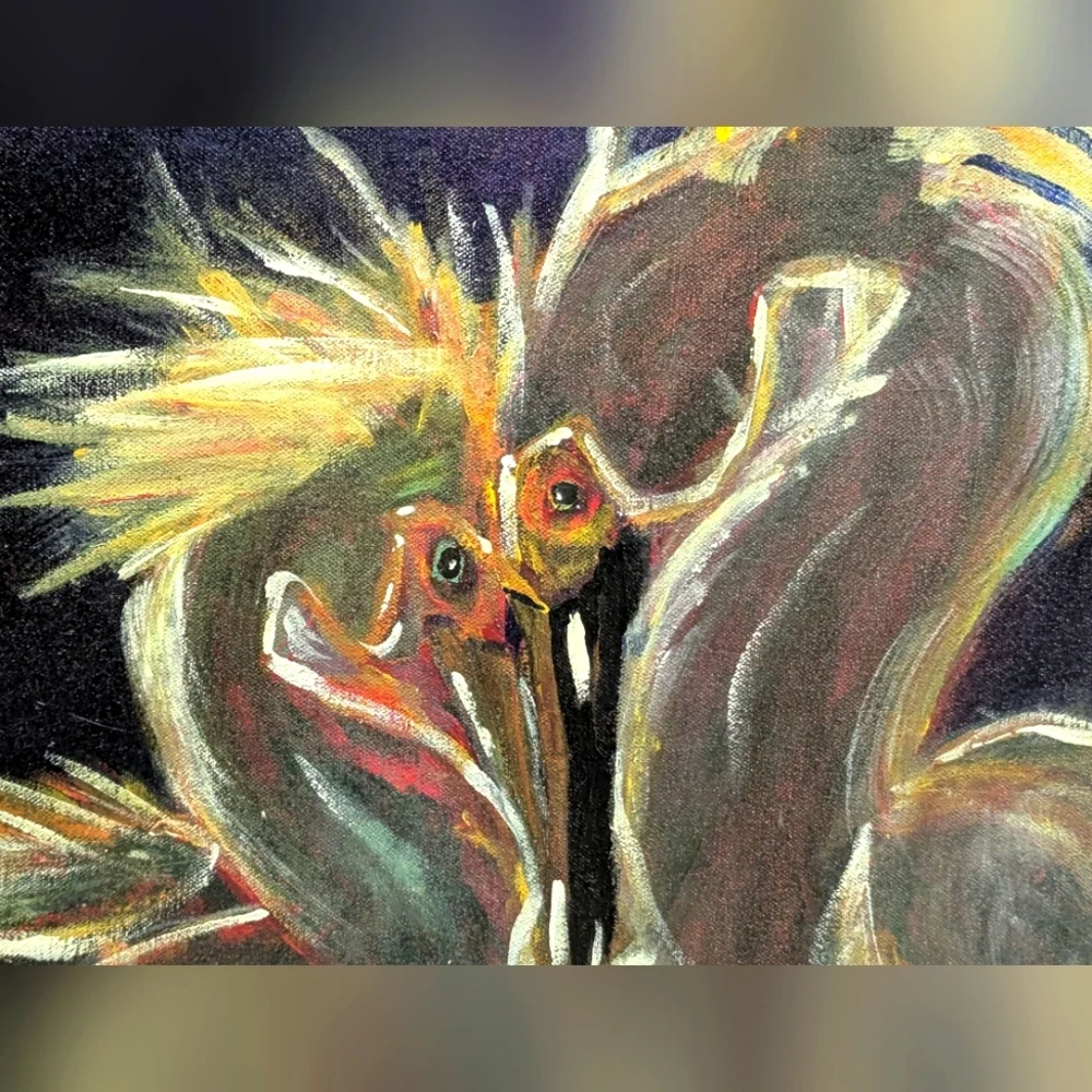 Vibrant Elegant Artist Painted Mythical Heron Art Canvas 16x16